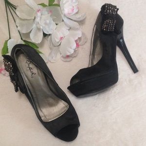 Qupid Black Satin Beaded Bow Platform Heels